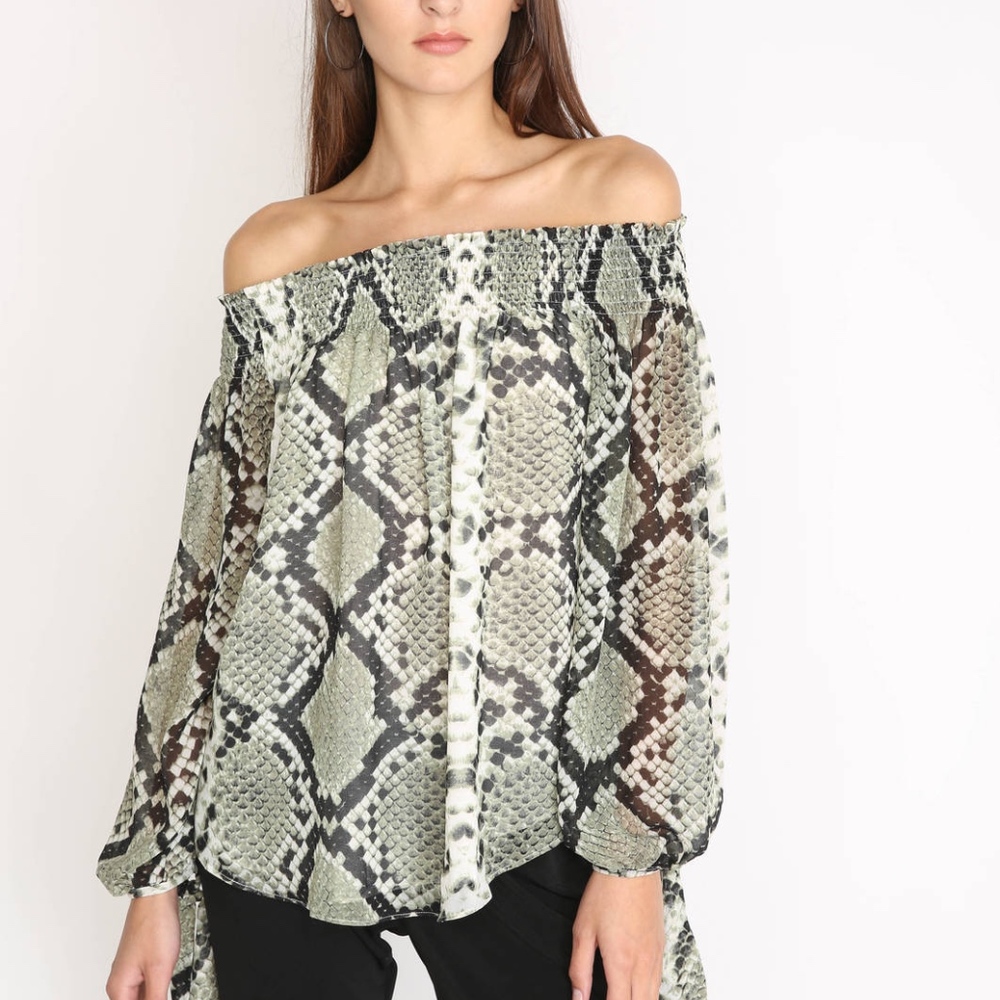 Oliviaceous snake skin off the shoulder top